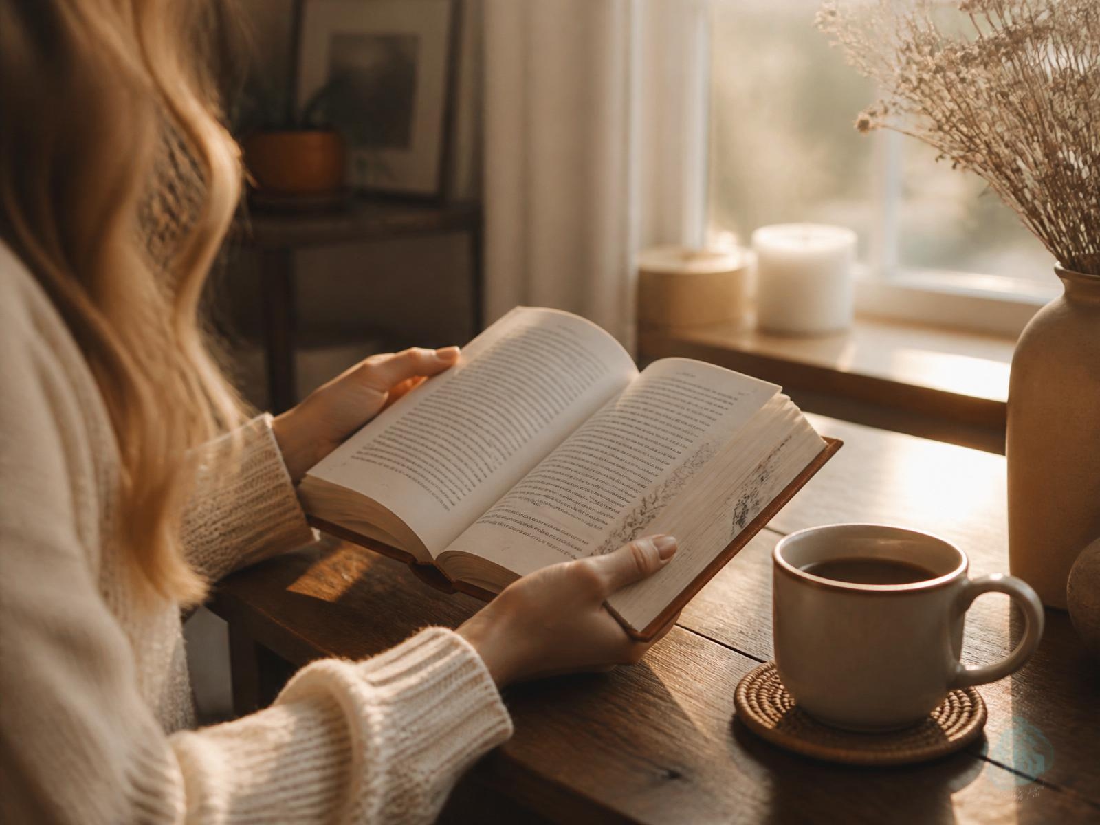 Pessoa lendo devocional com café ao lado, à luz da manhã